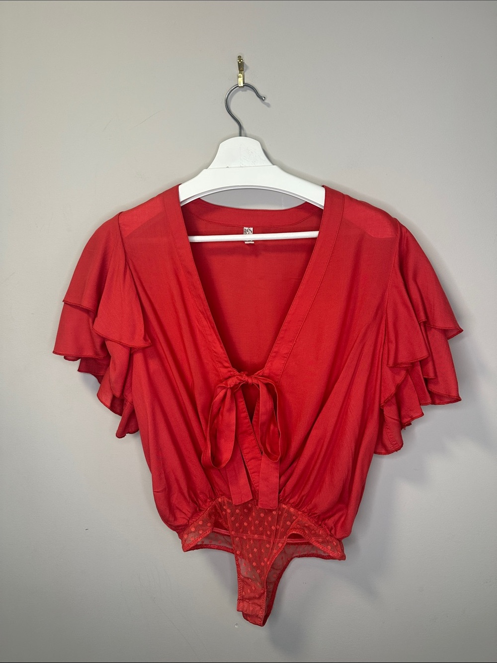 Free People Bright Red Ruffle Sleeve, Deep V Bodysuit with Front Tie